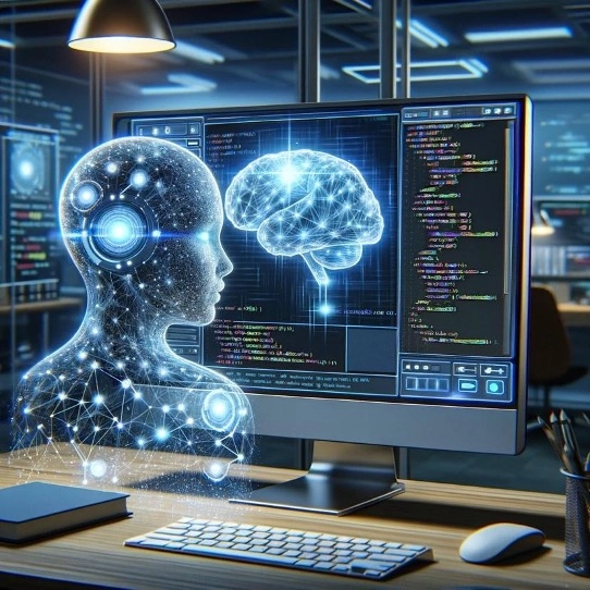Futuristic illustration of an artificial intelligence hologram interacting with a digital brain on a computer screen, surrounded by code and data in a high-tech programming lab.