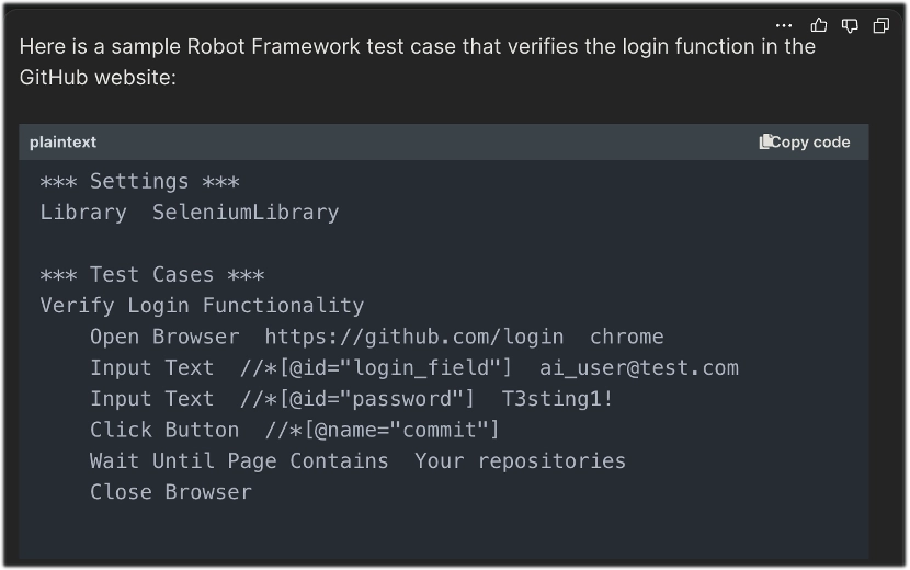 Screenshot of a Robot Framework test case using SeleniumLibrary to verify GitHub login, including commands to open browser, input login credentials, click login, and check for the 'Your repositories' page.