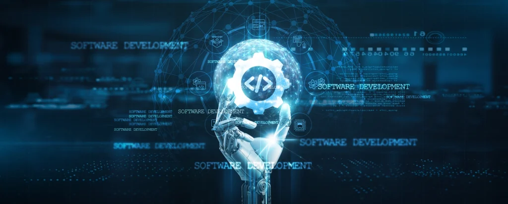 Software Development' and digital interface elements, symbolizing AI-driven or automated software development
